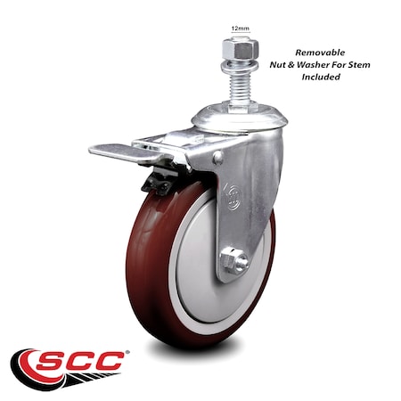 Service Caster 5 Inch Maroon Polyurethane Swivel 12mm Stem Caster with Total Lock Brake SCC SCC-TSTTL20S514-PPUB-MRN-M1215
